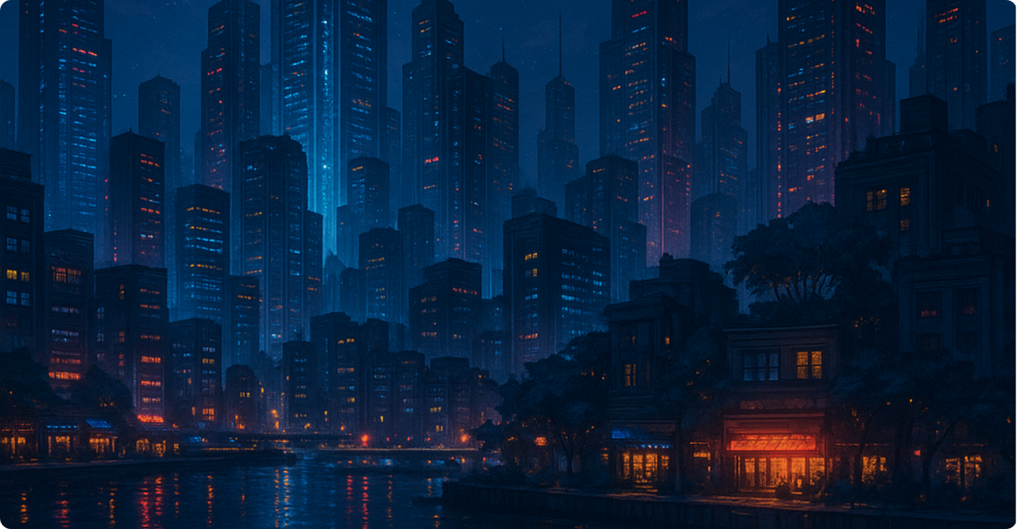 Azalea City skyline with glowing buildings